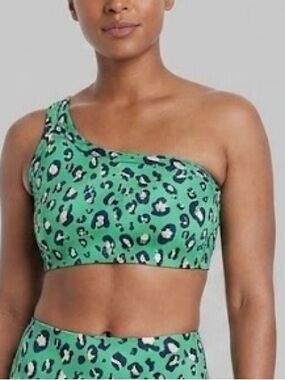 All in Motion Light Support Leopard Asymmetrical Sports Bra Green